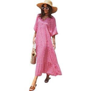 Miduo NWT! pink bohemian floral puff sleeve tiered maxi dress size Medium